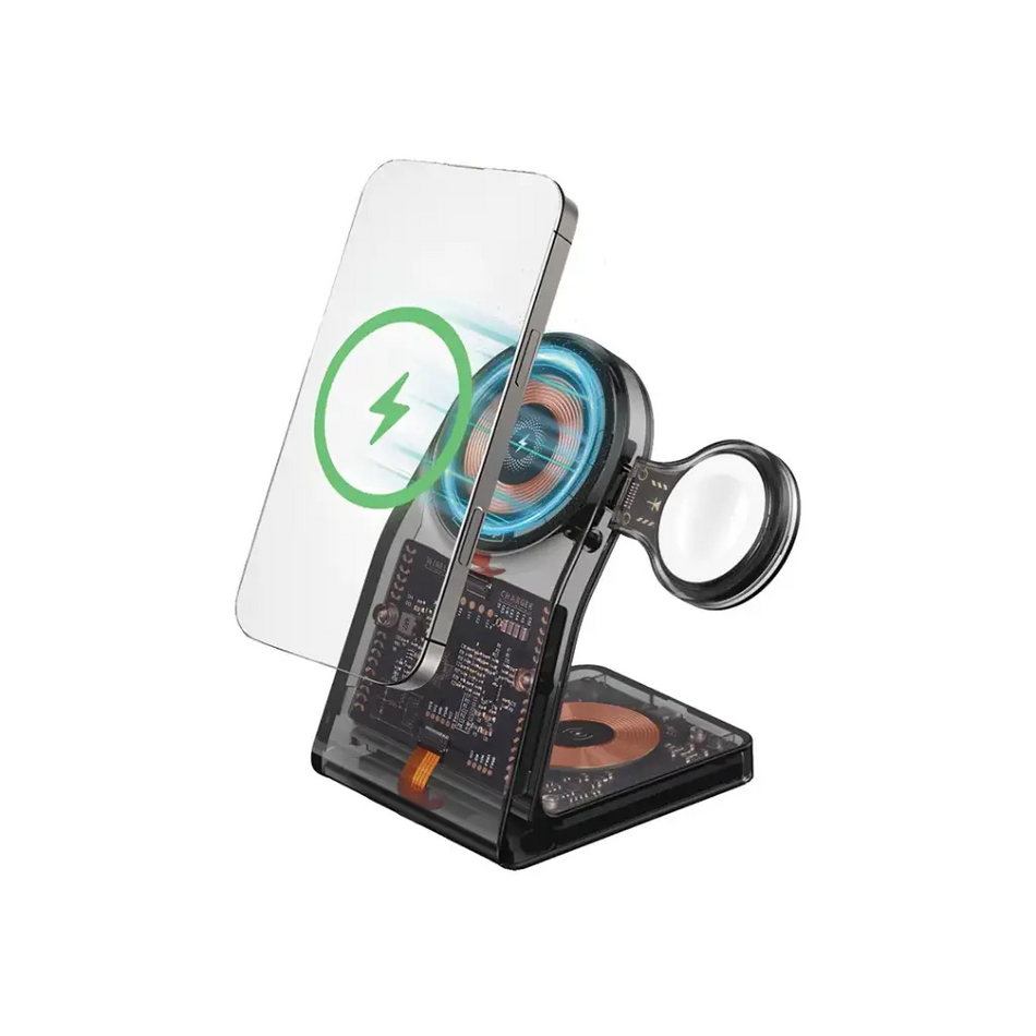 Porodo Transparent Shell 15W Wireless Charging Stand, Detachable Watch Charger, Multi-Device Charging, 3W Earbuds Charging (Black)