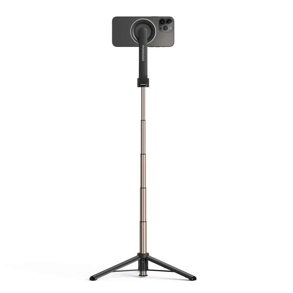 Porodo Magnetic Selfie Stick, 64.5cm Extendable Tripod with Remote Control, 3 Leg Foldable Stand, Wireless Bluetooth Shutter, Phone Holder Vlogging Monopod, Black