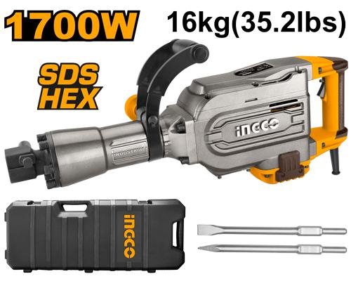 INGCO Industrial Demolition Hammer PDB17008 | 1700W Electric Concrete Breaker, 16kg Jack Hammer, 1400 BPM Impact Rate