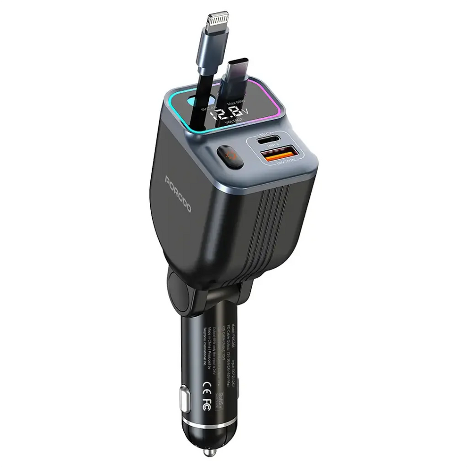 Porodo 65W Car Charger Dual Retractable Cable, Fast Charging Power Delivery, Digital Display, Multi-Protection Vehicle Adapter (Black)