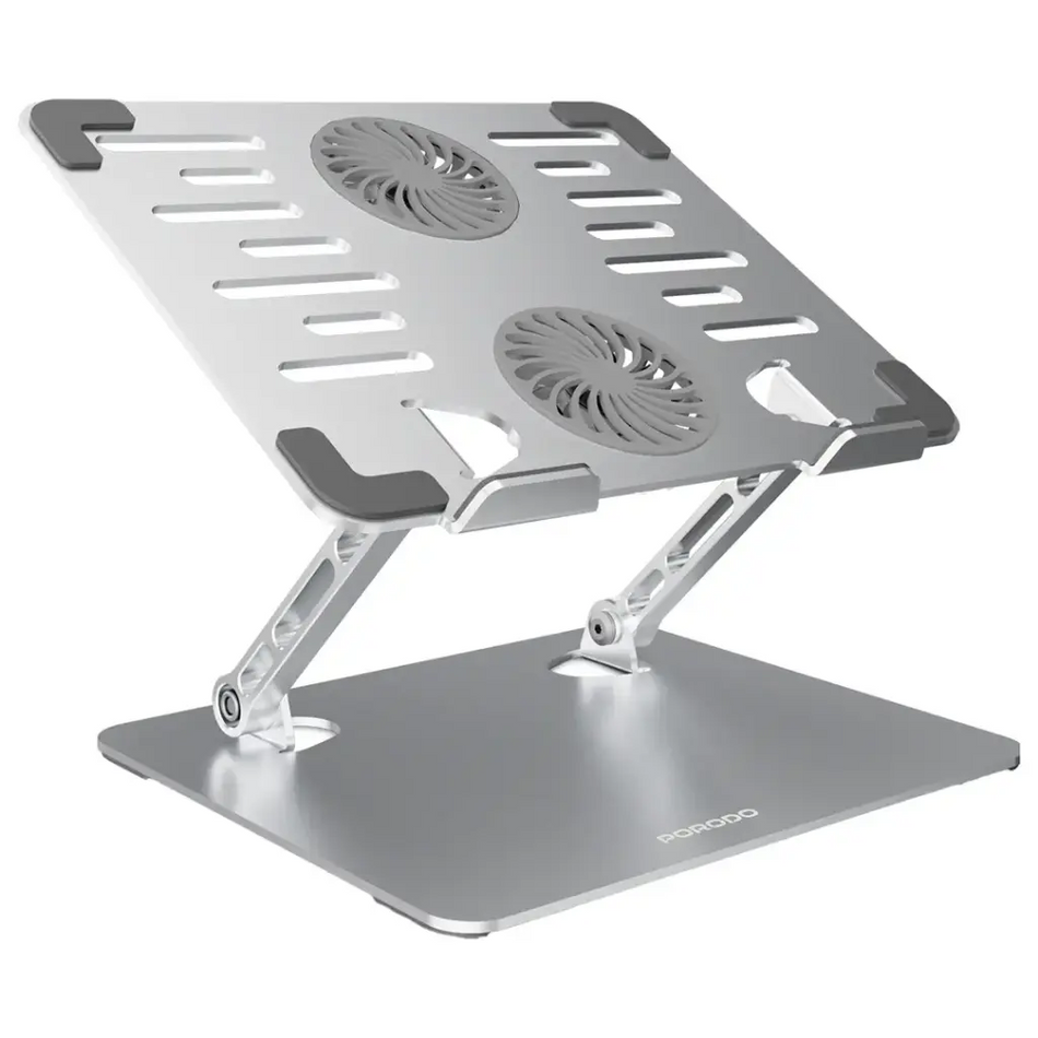 Porodo Aerodesk Cooling Laptop Stand | Heavy-Duty Aluminum Riser with Dual Integrated High-Speed Fans Fully Adjustable Height and Z-Shaped Ergonomic Lift Design - Premium Silver (PDGFF01TSL)