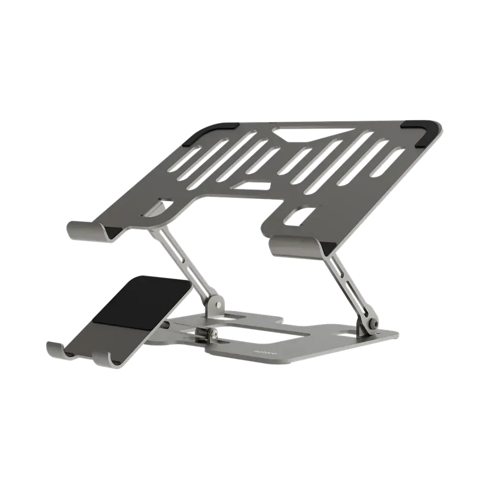 Porodo 2-in-1 Adjustable and Foldable Laptop Stand with Phone Holder (Carbon Steel & Silicone Rubber Construction, Multi-Angle Adjustments, Non-Slip Secure Grip, for 10" - 17" Devices, Silver, PDHSM09SL)