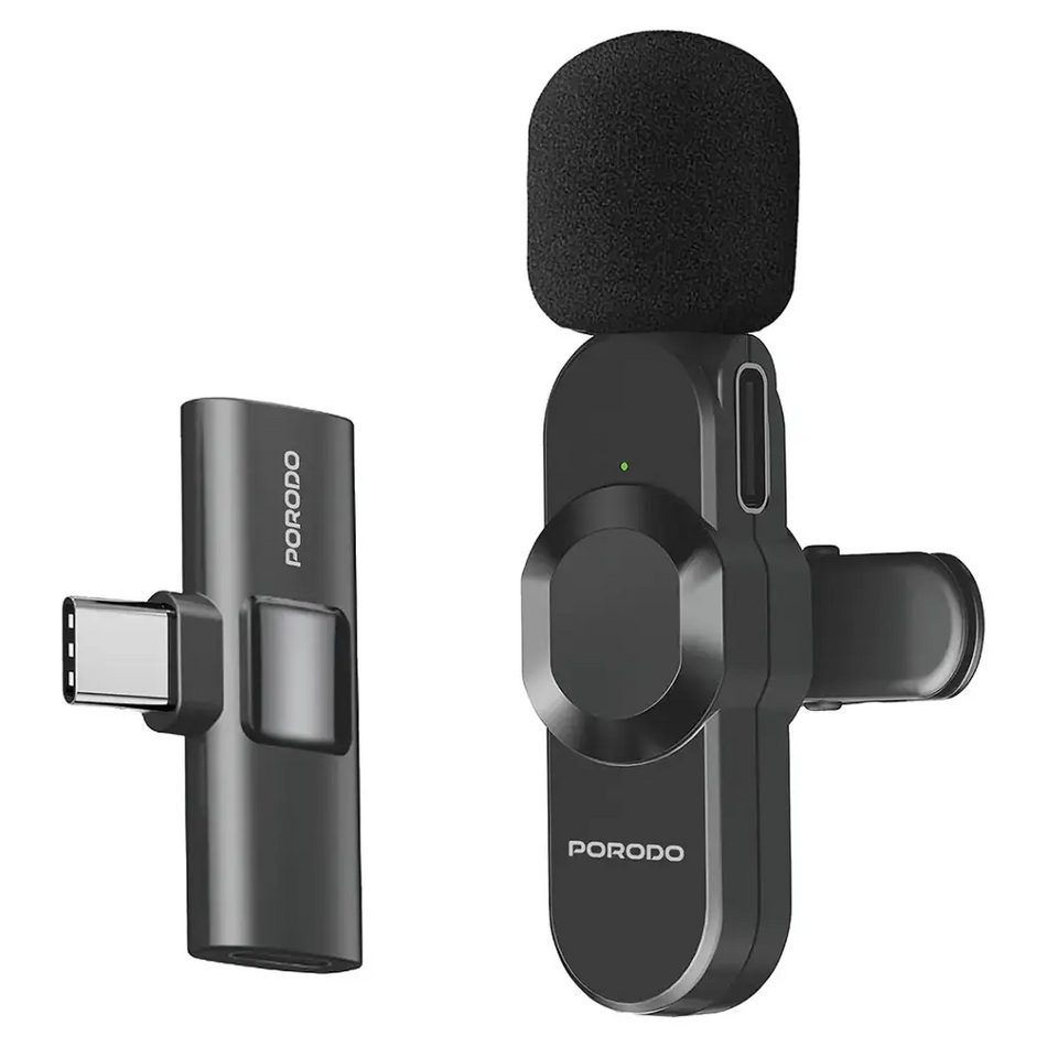 Porodo Audix Lavalier Wireless Microphone Type-C & Lightning, High-Definition Audio, Noise Reduction, Plug and Play - Black