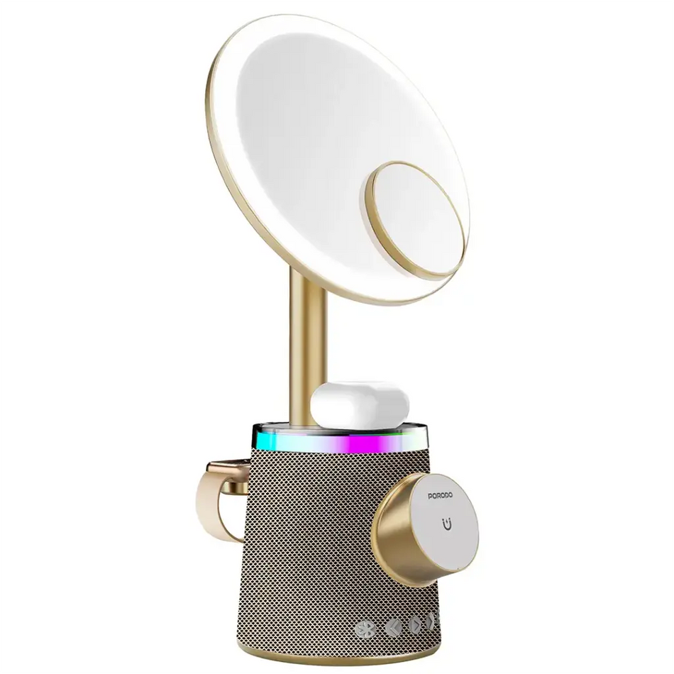 Porodo 3-in-1 LED Makeup Mirror with Wireless Charger, Bluetooth Speaker & RGB Lights - Silver