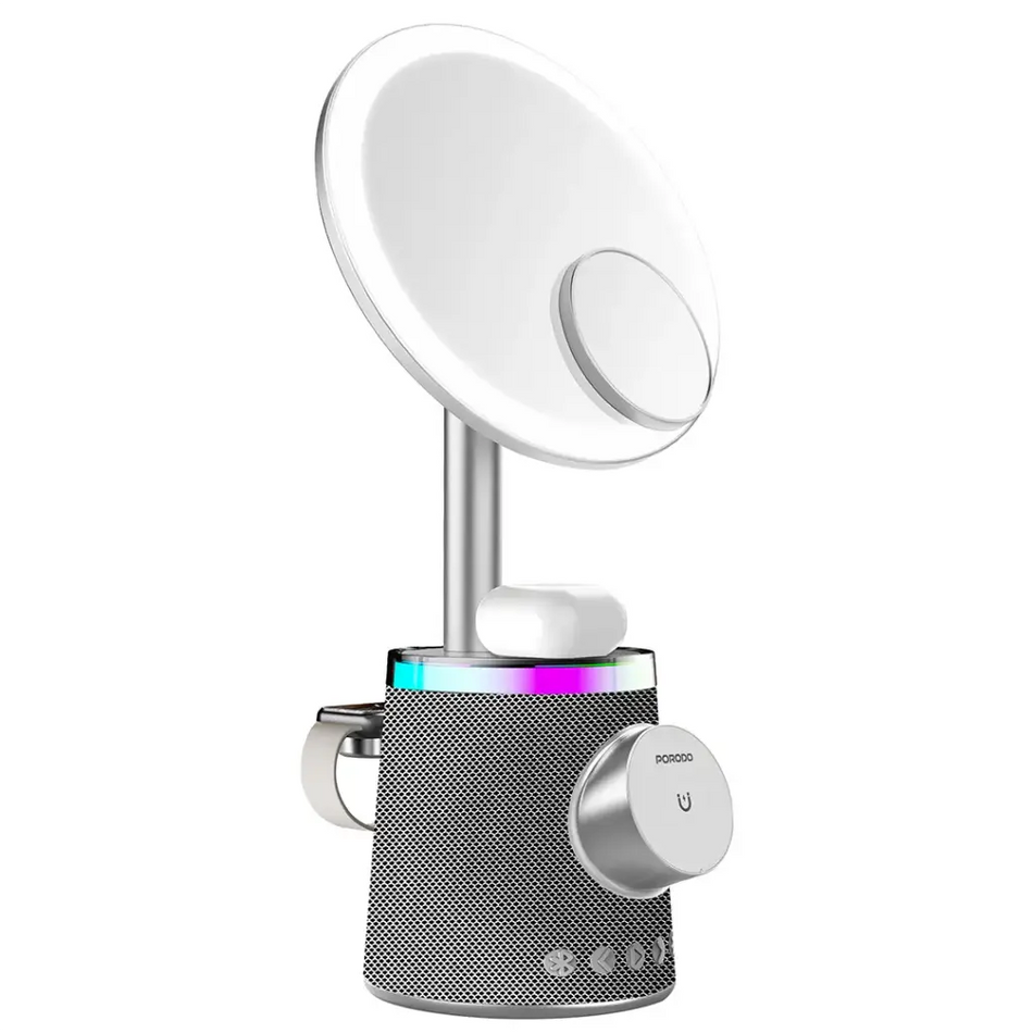 Porodo 3-in-1 LED Makeup Mirror with Wireless Charger, Bluetooth Speaker & RGB Lights - Silver
