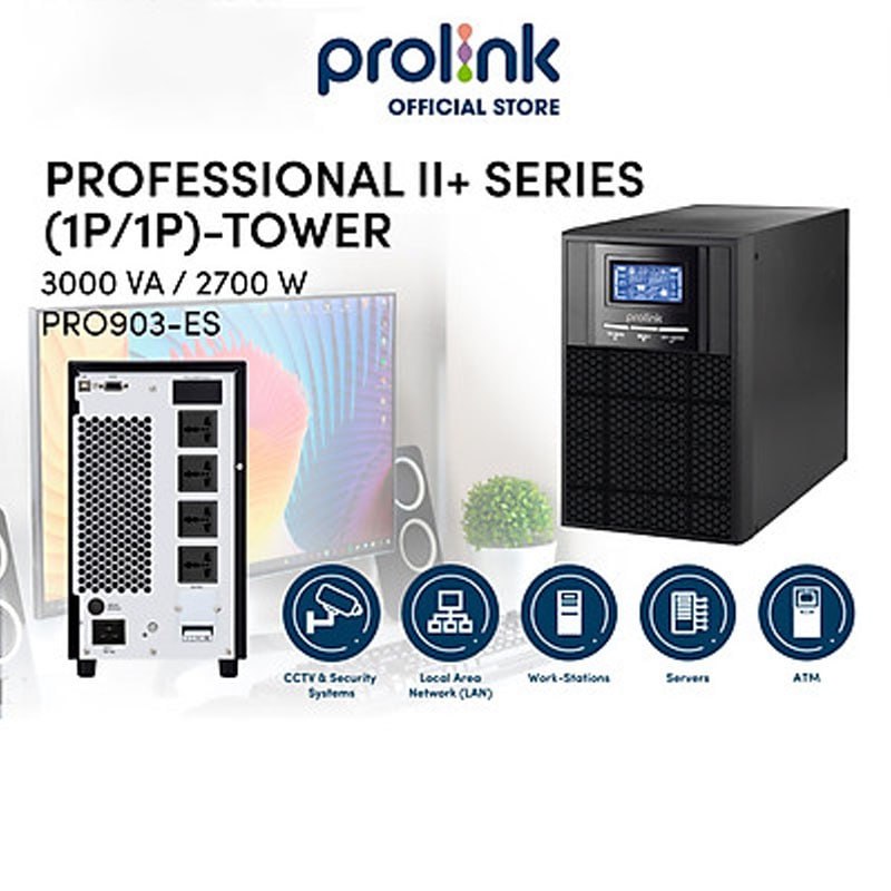 Prolink (PRO903-ES) 3KVA Professional Online UPS | 4U Rackmount/Tower Uninterruptible Power Supply with Smart LCD Display, Power Factor 0.9, High-Capacity Battery Array (9AH x 6) & USB/RS232 Smart Management Ports