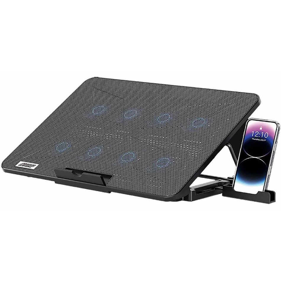Porodo Gaming 8-Fan Ergonomic Laptop Cooling Stand with Built-in Phone Slot, Dual USB-A Ports, Compatible with Up to 16" Laptops, Anti-Slip Stability, 7 Tilt Angles (PDXF5CPBK)