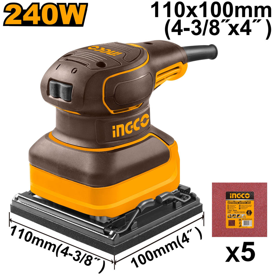 INGCO 240W 1/4 Sheet Palm Sander (PS2416) – High-Performance Orbital Finishing Sander for Woodworking