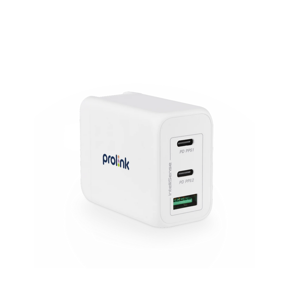 Prolink PTC36501 65W 3-Port GaN PD Travel Wall Charger with IntelliSense, 2x USB-C PD3.0, 1x QC3.0, 3-in-1 adapter