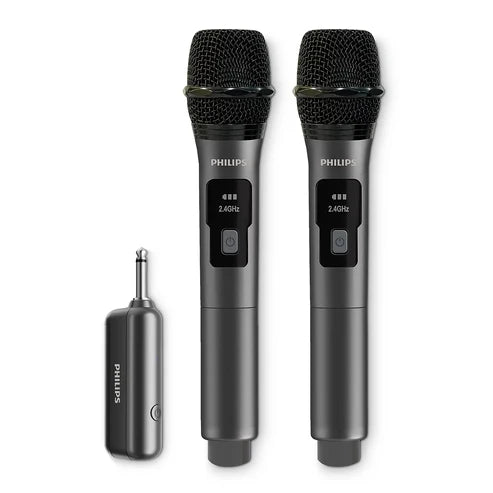 Philips DLM3401TP/00 Dual Wireless Microphones - 2.4GHz Digital Transmission, Dynamic Microphones, Rechargeable Receiver & 30m Long Range