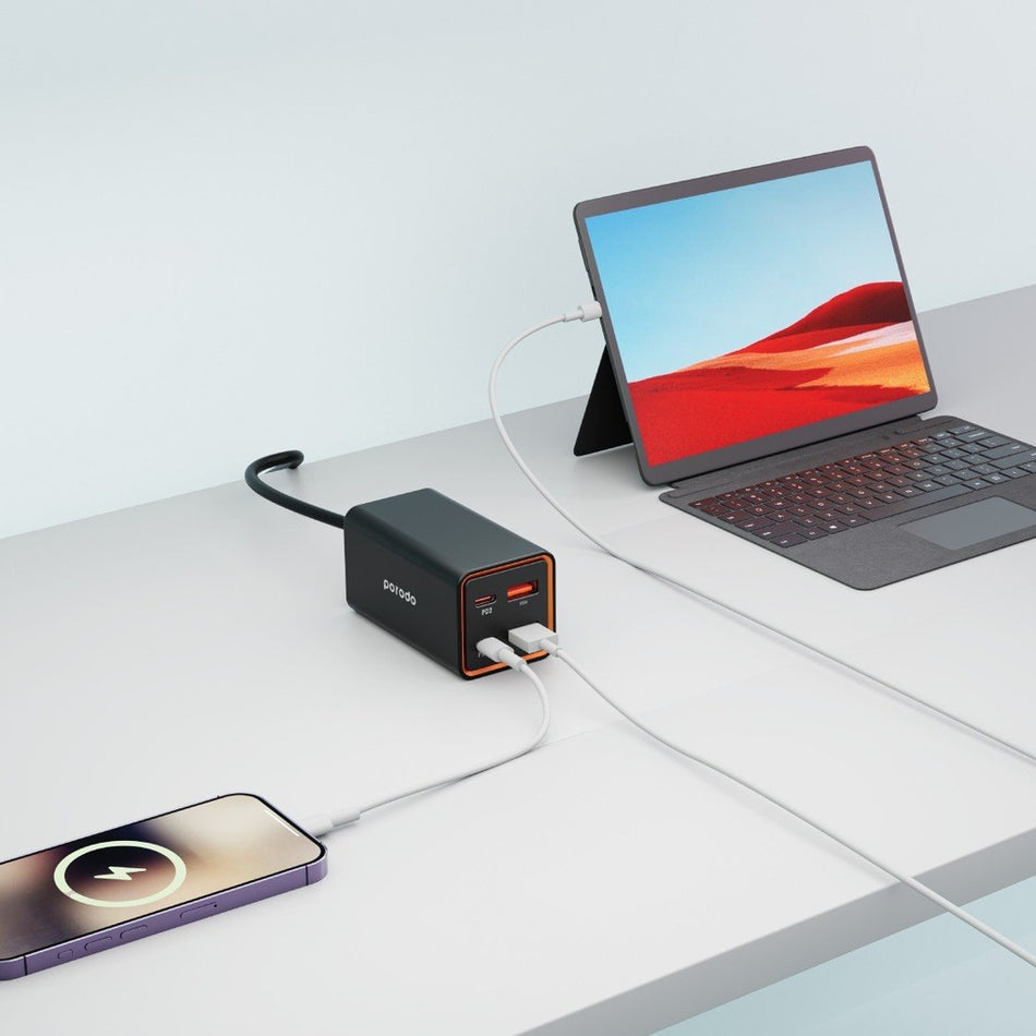 Porodo 65W GaN 4 Ports Desktop Charger Dual USB-C & USB-A Quick Charge - Black (PD-FWCH014-BK)