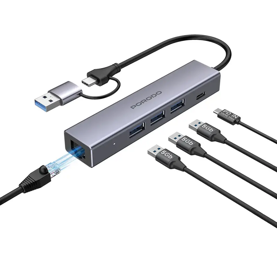 Porodo 5-IN-1 Multi-Port Hub PD Charging & 5Gbps Transfer Rate - Gray