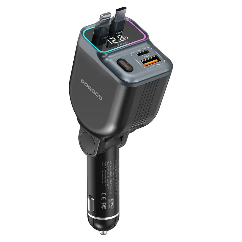 Porodo 65W Car Charger Dual Retractable Cable, Fast Charging Power Delivery, Digital Display, Multi-Protection Vehicle Adapter (Black)