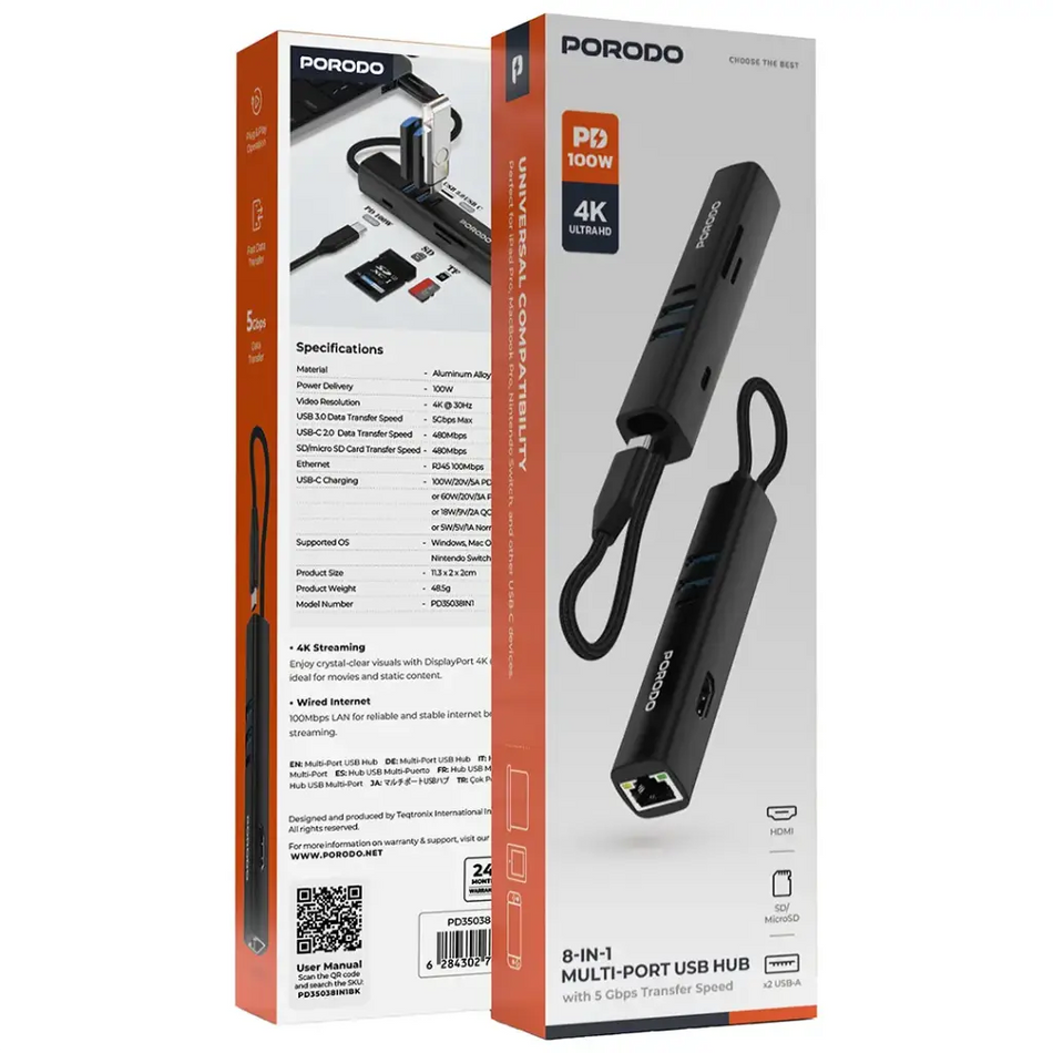 Porodo 8-In-1 Multi-Port USB Hub with 5Gbps Transfer Speed - Black