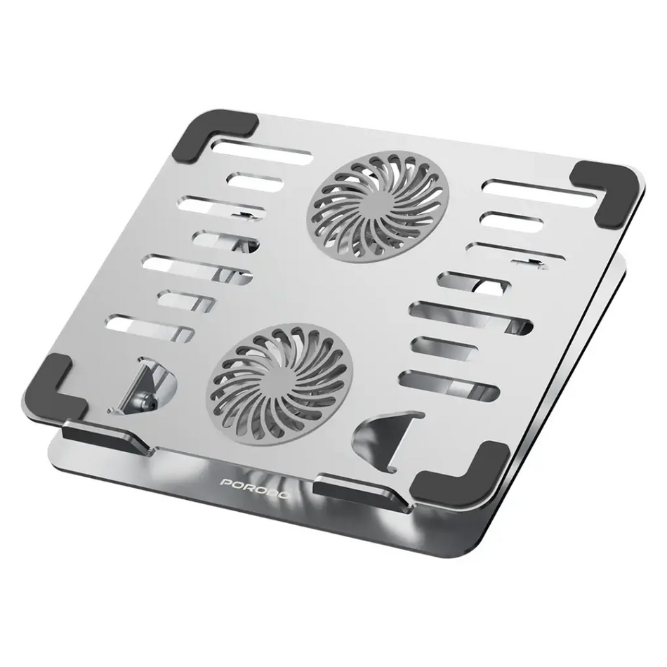 Porodo Aerodesk Cooling Laptop Stand | Heavy-Duty Aluminum Riser with Dual Integrated High-Speed Fans Fully Adjustable Height and Z-Shaped Ergonomic Lift Design - Premium Silver (PDGFF01TSL)