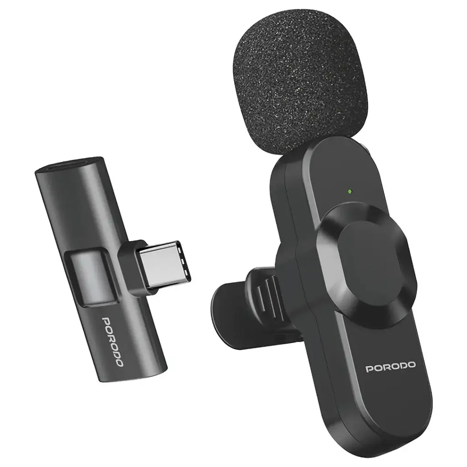 Porodo Audix Lavalier Wireless Microphone Type-C & Lightning, High-Definition Audio, Noise Reduction, Plug and Play - Black