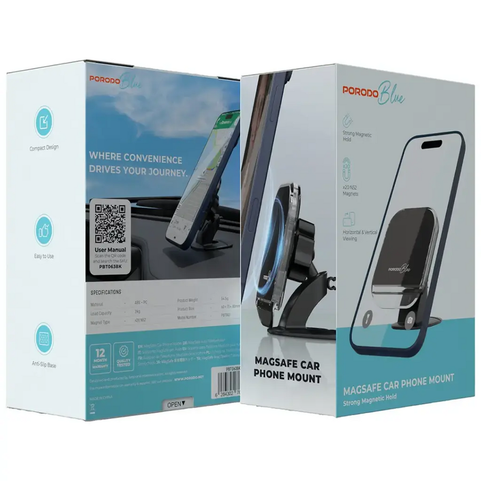 Porodo Blue MagSafe Car Phone Mount, Strong Magnetic Hold, 360-Degree Rotation, Air Vent & Dashboard Mount, Universal Compatibility (Black)