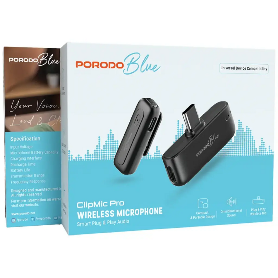 PORODO BLUE WIRELESS MICROPHONE X1 / X2 | Plug & Play Lapel Lavalier Mic for Smartphones & Content Creation (Single & Dual Mic)