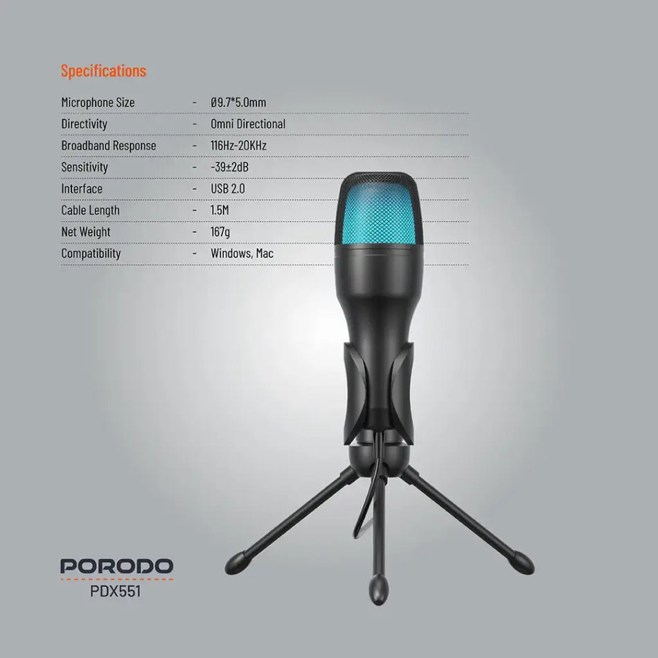 Porodo Gaming Condenser Microphone With RGB - Black (PDX551)