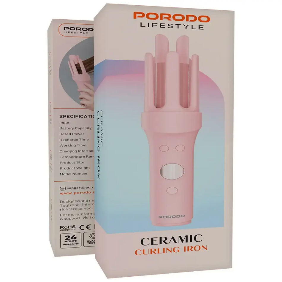 Porodo Lifestyle Cordless Ceramic Curling Iron with Digital Display (2600mAh, 160°C - 200°C) – Pink | PDBL258PK