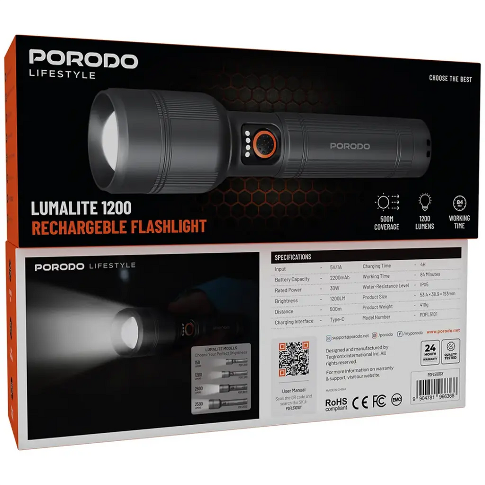 Porodo Lifestyle Lumalite 1200 Rechargeable Flashlight (PDFL5101-GY)