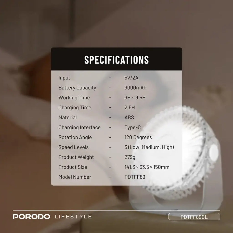 Porodo Lifestyle Portable Transparent Cooling Fan - Clear