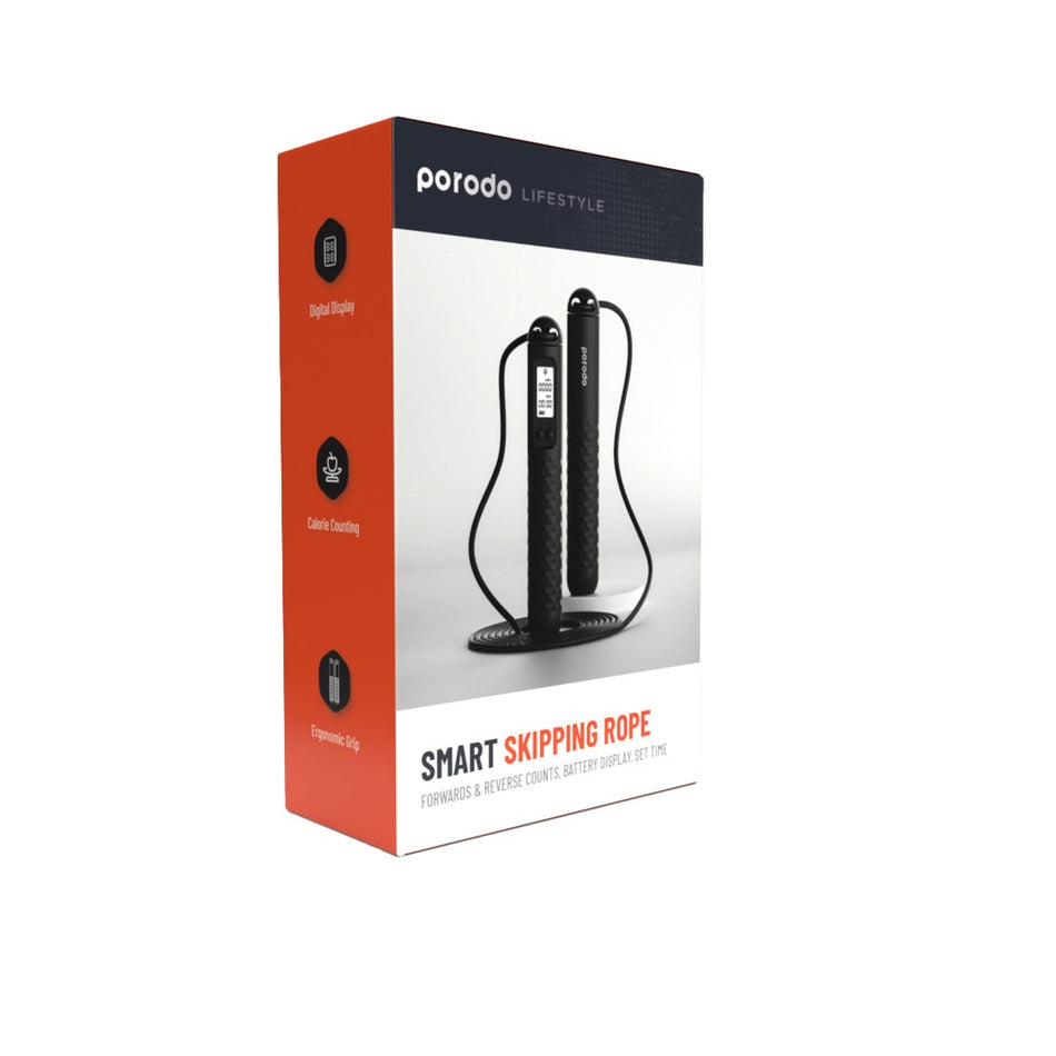 Porodo Lifestyle Smart Skipping Rope with Real-Time Tracking, 15m Bluetooth Range, Adjustable Length, HD LED Display (Black)