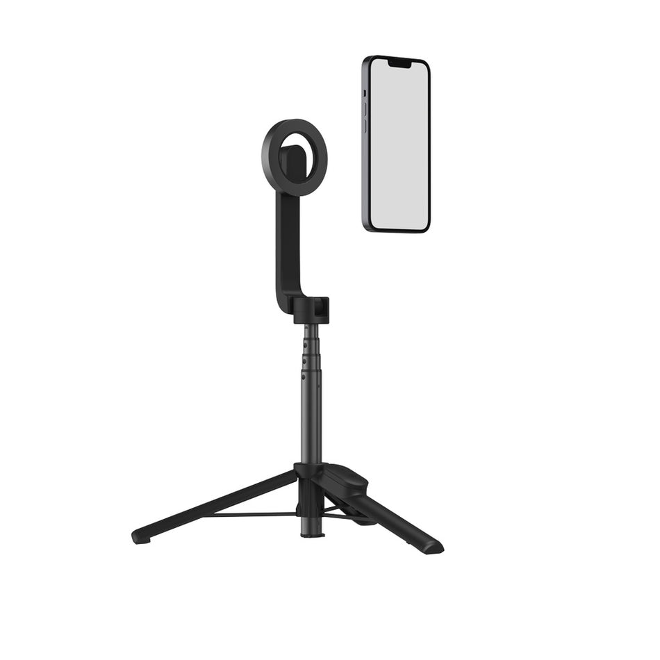 Porodo Magnetic Selfie Stick, 64.5cm Extendable Tripod with Remote Control, 3 Leg Foldable Stand, Wireless Bluetooth Shutter, Phone Holder Vlogging Monopod, Black