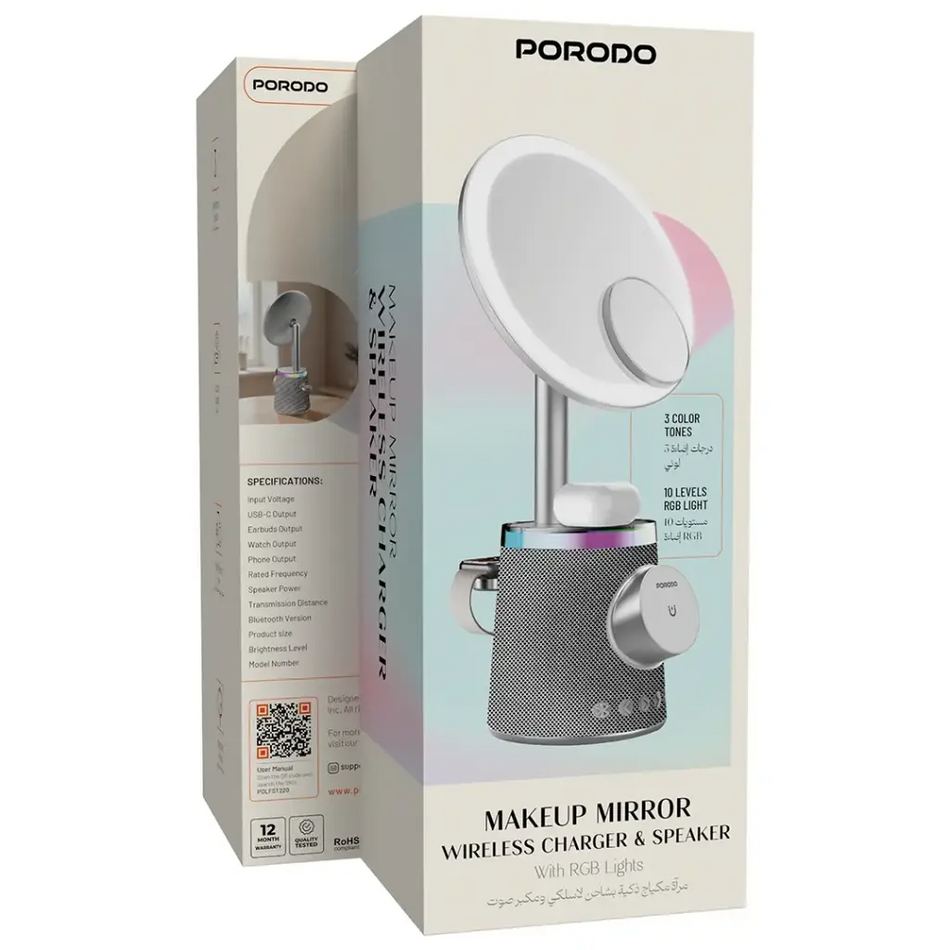 Porodo 3-in-1 LED Makeup Mirror with Wireless Charger, Bluetooth Speaker & RGB Lights - Silver