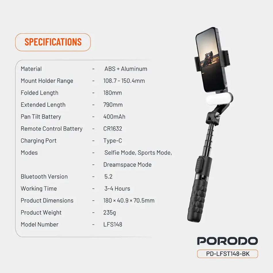 Porodo LFS148 QuadBase Gimbal Stabilizer, Bluetooth 5.2 & Remote Control, Foldable Phone Gimbal Compatible with iPhone & Android, Vlogging Stabilizer for YouTube, TikTok, Travel, Selfie Mode