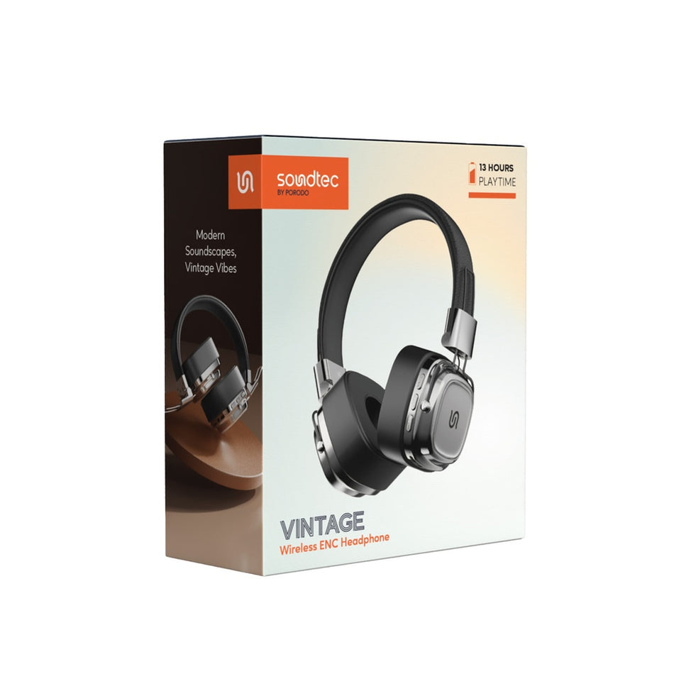 Porodo Soundtec Vintage Wireless Headphones with ENC & Micro SD Slot – Black/Silver