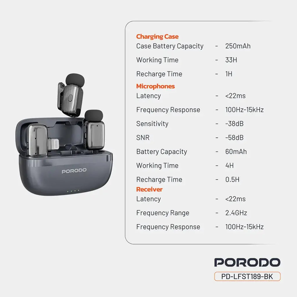Porodo Wireless Lavalier Microphones Lightning - Black