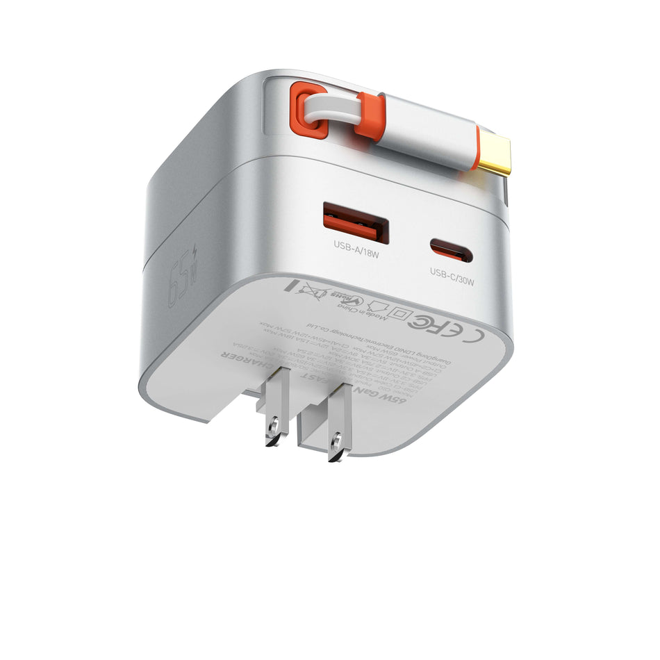LDNIO Q10 65W GaN Fast Charger with Built-In Retractable USB-C Cable (UK / EU / US Pin) (Supports UFCS Fully Compatible Protocol)