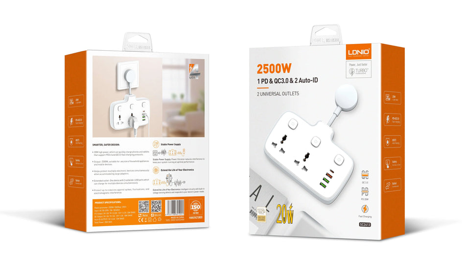 LDNIO SC2413 2 AC Outlets Portable Electrical Extension Socket Universal Outlets Power Strip Tower 2 Outlet Wall Electric Plug PD 20W USB Power Cube Power Socket