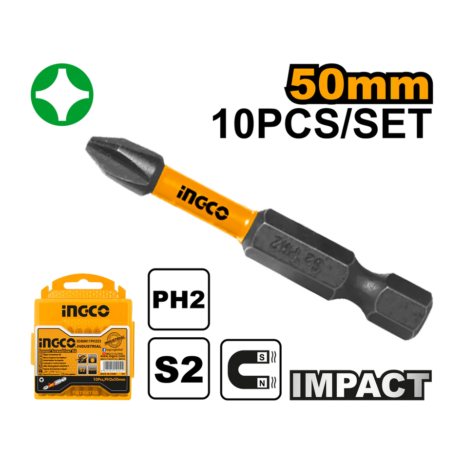 Ingco 50mm Impact Screwdriver Bit Set (SDBIM11PH223) Premium Industrial Grade 10-Piece Heavy-Duty PH2 Magnetic Screwdriver Bit Kit for Impact Drivers and High-Torque Fastening