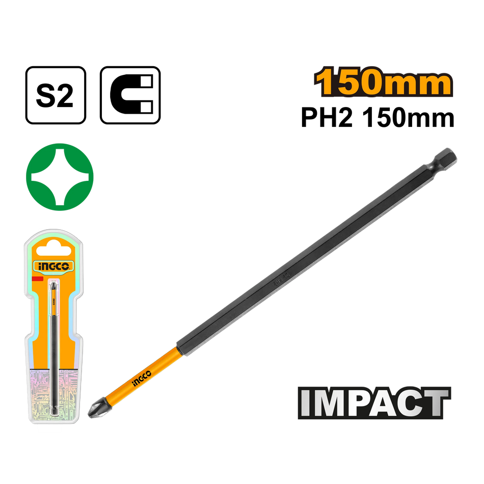 Ingco Industrial 150mm Impact Screwdriver Bit PH2 | Premium S2 Alloy Steel High-Torque Single-Ended Phillips Bit with High-Flex Torsion Zone Layout (SDBIM71PH2150)