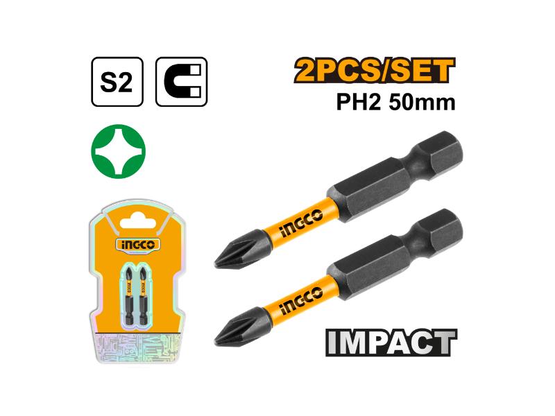 Ingco 50mm PH2 Impact Screwdriver Bit Set | Dual-Ended S2 Industrial Steel Magnetized Phillips Power Bits - 2-Piece Pack (SDBIM71PH250)