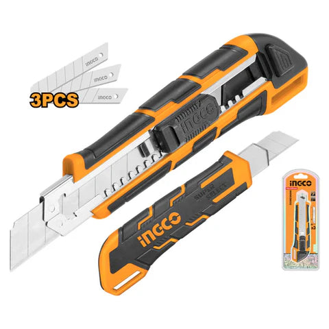 Ingco 18mm Auto-Lock Snap-Off Blade Utility Knife | Ergonomic Heavy-Duty Retractable Box Cutter with Comfort Grip Handle (HKNS28035)