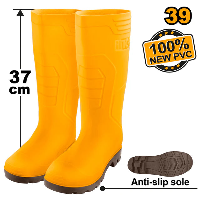 Ingco Size 39 Waterproof Rain Boots | Black PVC Protective Safety Wellingtons with High-Grip Sole (SSH098L.39)