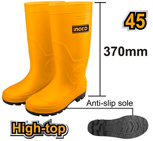 Ingco Size 45 Waterproof Rain Boots | Black PVC Protective Safety Wellingtons with High-Grip Sole (SSH098L.45)