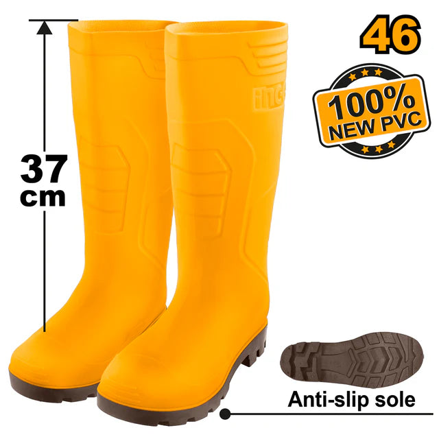 Ingco Size 46 Waterproof Rain Boots | Yellow PVC Protective Safety Wellingtons with High-Grip Sole (SSH098L.46)