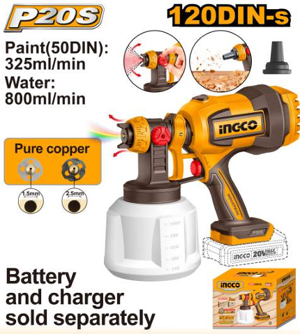 INGCO 20V Cordless Spray Gun (Body Only) 120Din-s, Cleaning & Blowing Joints, Electric Fence Paint Gun for Fencing and Decking (CSGLI2004)