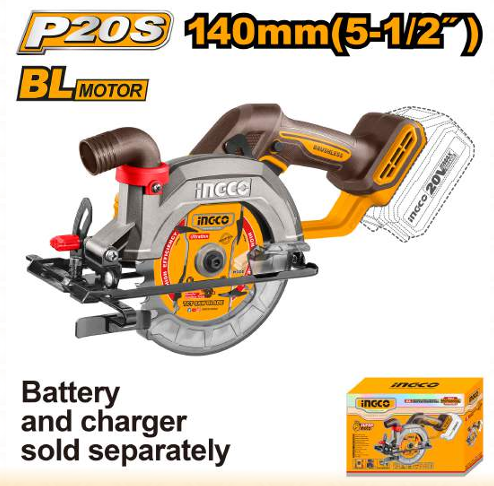 INGCO 20V Lithium-Ion Circular Saw (CSLI1402) – Professional-Grade Cutting Power, Ergonomic Design for Maximum Control and Precision, Durable Blade Guard for Safety, Optimized for Efficient Woodworking and Construction Projects.