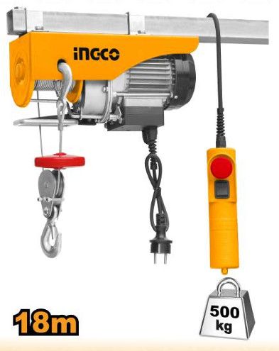 INGCO 500W Electric Hoist (EH5001) – 250kg-500kg Lifting Capacity, High-Strength Steel Cable, Integrated Safety Braking & Emergency Stop System for Heavy-Duty Industrial Use.