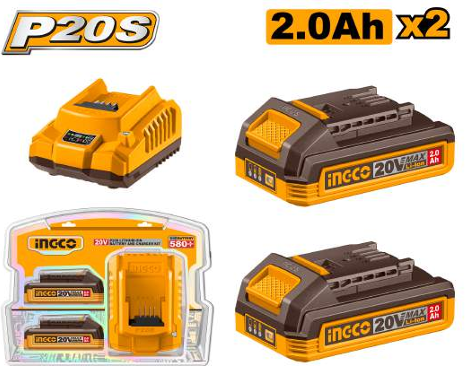 INGCO P20S Lithium-Ion Battery and Charger Kit (FBCPK2212) – Professional 20V Combo Power Kit, Includes 2.0Ah High-Performance Battery Pack, Fast Intelligent Charger, Smart Safety Protection & Universal Compatibility with All P20S Platform Tools