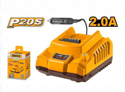 INGCO P20S Battery Charger (FCLI2012) – Professional 20V Intelligent Fast Charger, Stable 2.0A Charging Current, Quick 1-Hour Charge (for 2.0Ah battery), Wide 220-240V Input & Clear LED Status Indicator