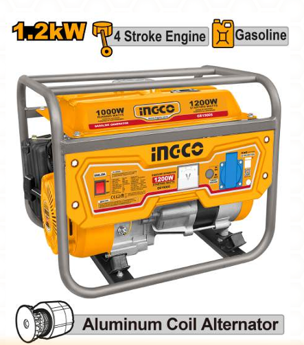 INGCO Gasoline Generator (GE15005) – Compact 1.2kW Max / 1.0kW Rated Power Source, 96cc 4-Stroke OHV Engine, Recoil Start System, Aluminum Coil Alternator & 5.5L Fuel Tank