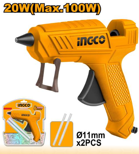 INGCO Glue Gun 10W / 100W (GG148) – Compact Hot Melt Gluer, Fast 3–5 Minute Preheat Time, Efficient 13–18g/min Gluing Capacity, Includes 2 Pieces of 11.2mm Diameter Glue Sticks