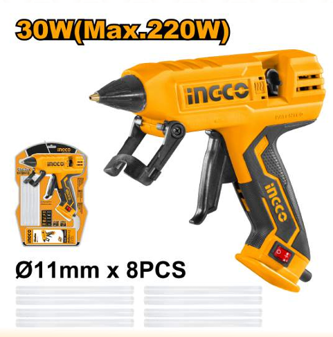 INGCO Glue Gun 30W / 220W (GG308) – Premium Electric Hot Melt Gluer, Fast 3–5 Minute Preheat Time, High 20–30g/min Gluing Capacity, Includes 8 Pieces of 11.2mm Diameter Glue Sticks