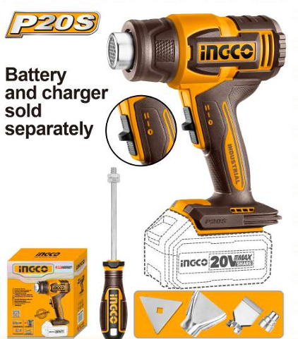 INGCO 20V LI-ION HEAT GUN 300/550°C (HGLI2006) – Dual Temperature Settings (300°C / 550°C), 100 / 200 L/min Airflow Rate, Quick Heating with Deflector & Reduction Nozzles, Tool Only (Battery & Charger Sold Separately)
